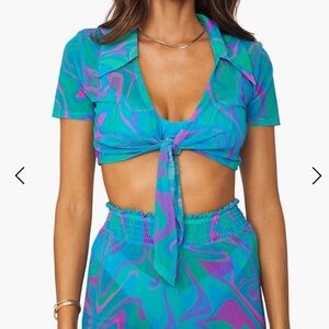 WeWoreWhat Mesh Paradise Marble Tie-Front Top, Ocean Blue